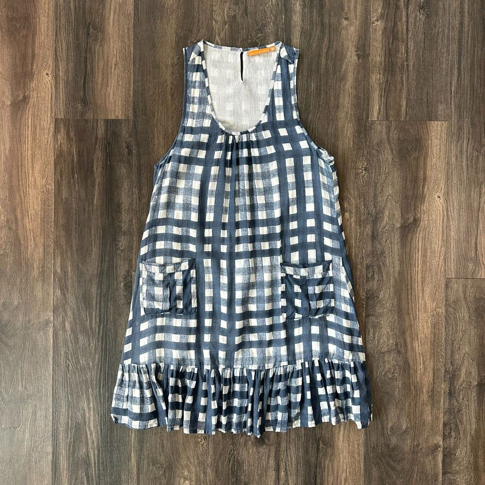 Oliphant Mini Dress Blue Plaid Ruffle Hem Racerback Sleeveless Silk Blend Medium
